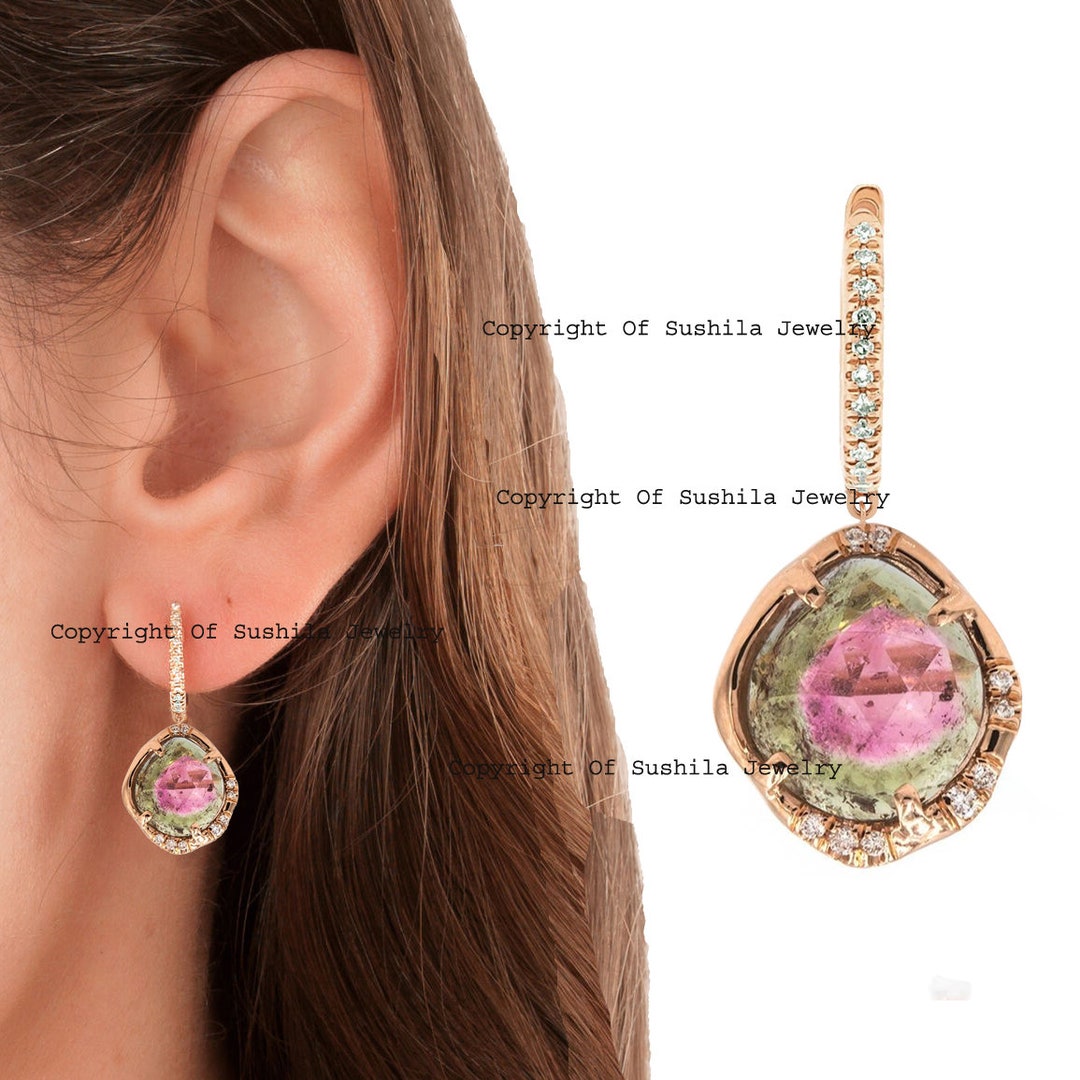 Natural 4.51 Ct. Watermelon Tourmaline Gemstone Charm Huggie Hoop Earrings Solid 14K Yellow Gold Real Diamonds Handmade Wedding Jewelry PAIR