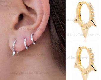 Solid 14k Yellow Gold Natural SI Clarity G-H Color Brilliant Cut Diamond Trio Spike Huggie Hoop Earrings Handmade Fine Minimalist Jewelry