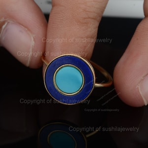 Genuine Sleeping Beauty Arizona Turquoise & Lapis Gemstone Solitaire Wedding Band Ring Solid 14K Yellow Gold Handmade Jewelry Purpose Ring