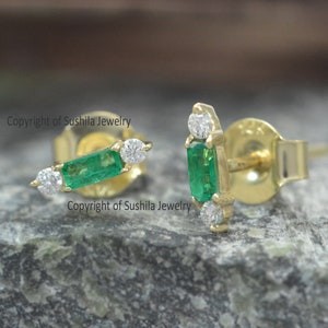 Solid 14k Yellow Gold Genuine Baguette Emerald Studs Real SI Clarity G-H color Diamond Tiny Earrings Minimalist Jewelry Christmas Gift image 5