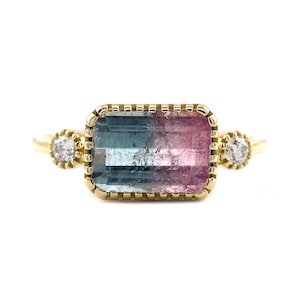 Gradient Watermelon Tourmaline Ring/ Natural Rare Tourmaline Diamond Ring/ 14K & 18K Solid Gold Ring/ Dainty October Birthstone Ring