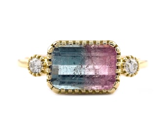 Può includere: Un anello d'oro con una grande pietra di tormalina rettangolare bicolore. La pietra è un mix di blu e rosa. L'anello ha due piccoli diamanti rotondi bianchi su entrambi i lati della tormalina.