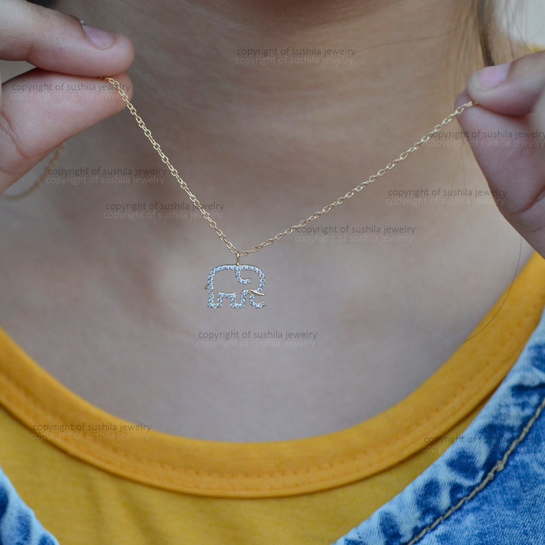Genuine SI Clarity G Color Pave Diamond Charm Choker Elephant design Pendant Necklace Solid 14k Yellow Gold Handmade minimalist Jewelry Gift