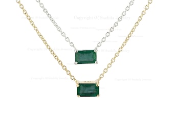 14K gouden smaragdgroene ketting: minimalistische ketting met baguettetanden