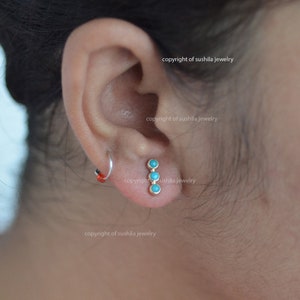 Genuine Turquoise Gemstone Tiny Bar Three Stone Stud Earrings in Handmade 14k Solid Yellow Gold Minimalist Jewelry