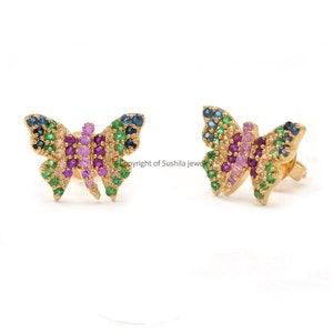 14k Gelbgold echte Pave Multi Edelstein Schmetterling Ohrstecker Ohrringe handgemachte Smaragd / Saphir / Rubin Edelstein Minimalist Schmuck