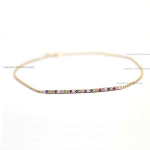 Genuine Rainbow Pave Multi Sapphire Gemstone Bar Adjustable Bracelet Jewelry in Solid 14k Gold Handmade Gift Minimalist Jewelry