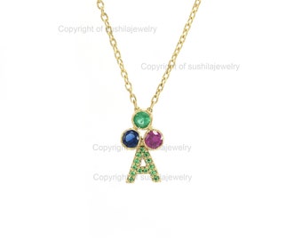 Gemstone Initial "A" Pendant Necklace: Sapphire, Emerald, Ruby, 14K Yellow Gold
