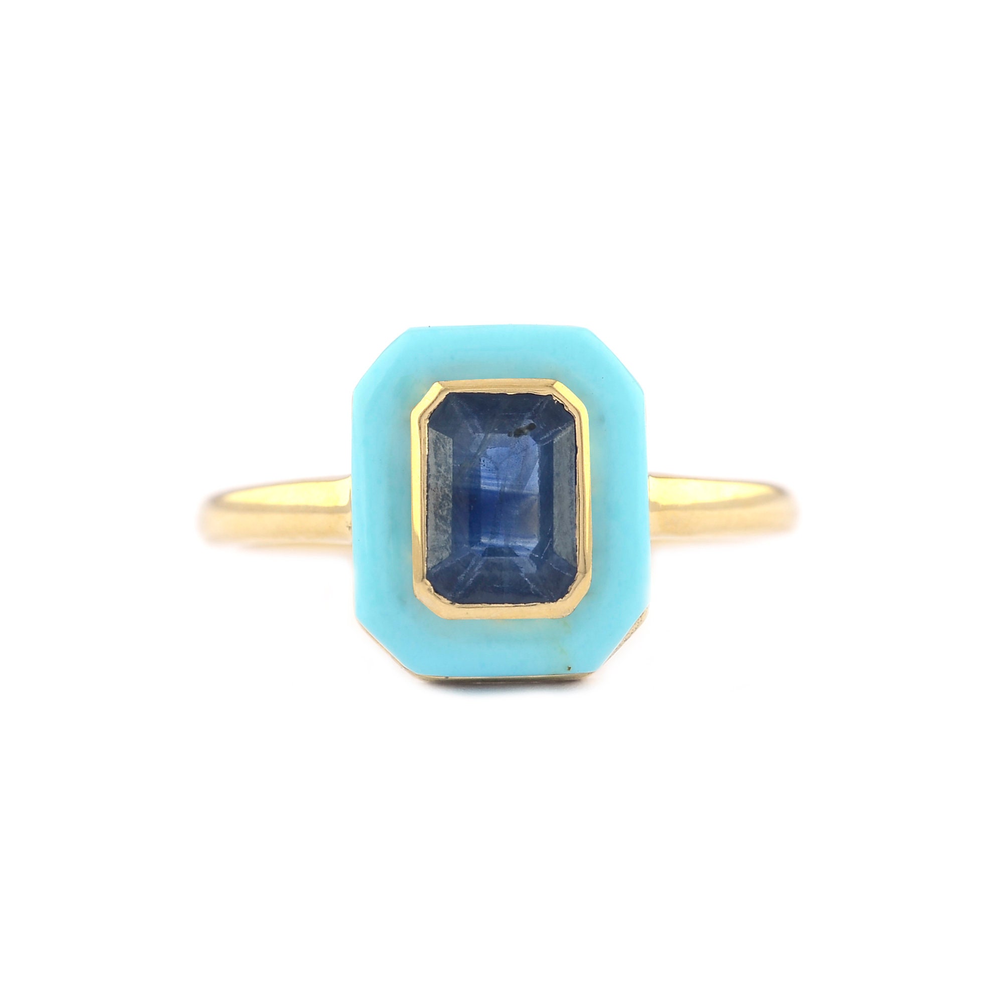 Ring Band Ring 585/14K Yellow Gold Turquoise Sapphire Ring Size 55 | eBay