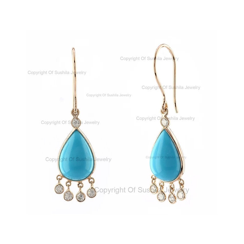 Boucles D'oreilles Pendantes Turquoise Et Diamant – Or Jaune 14 Carats