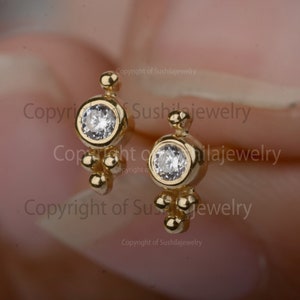 Tiny Push Back Minimalist Attractive Stud Earrings Solid 14K Yellow Gold Handmade Real SI Clarity G-H Color Diamond Earrings