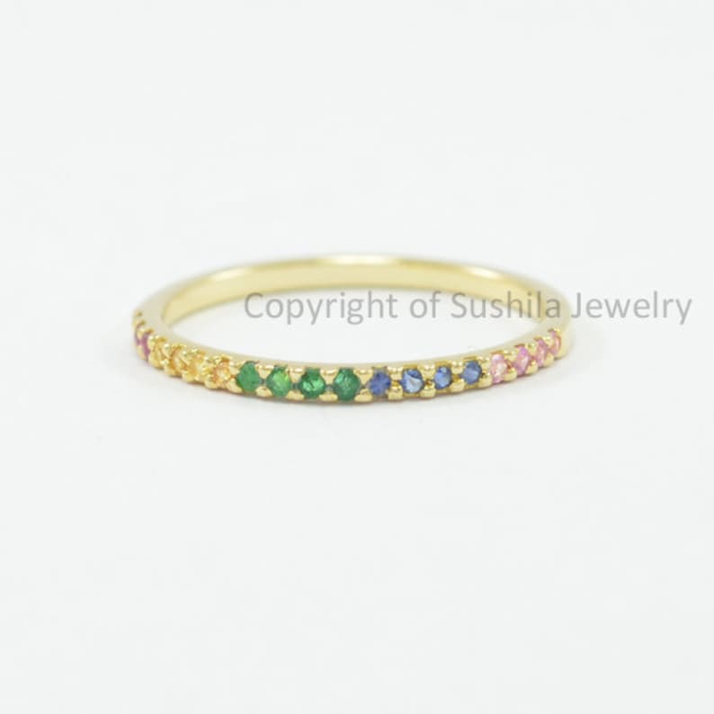 Mix Sapphire Gemstones Pave Eternity Band Ring In 14K Yellow Gold Handmade Jewelry Gift