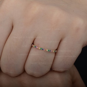 Rainbow Multi Sapphire Natural Gemstone Full Eternity Band Ring Solid 14K Yellow Gold Handmade Fine Jewelry Thanksgiving Gift For Her