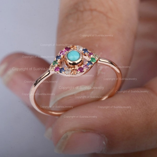 14k Gold Evil Eye Ring: Sapphire, Turquoise & Rainbow Gemstone