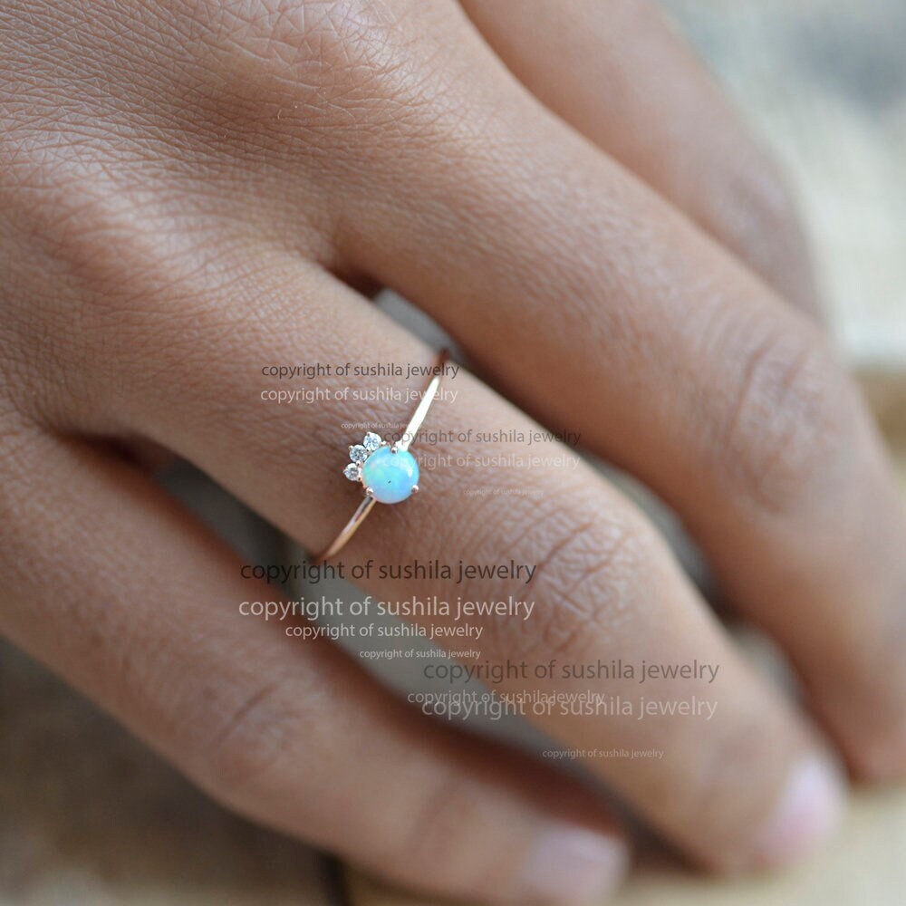 Real Australian Opal Gemstone Pave Diamond Small Wedding Crown Band Minimalist Ring 14k Solid Yellow Gold Handmade Jewelry mothers day Gift