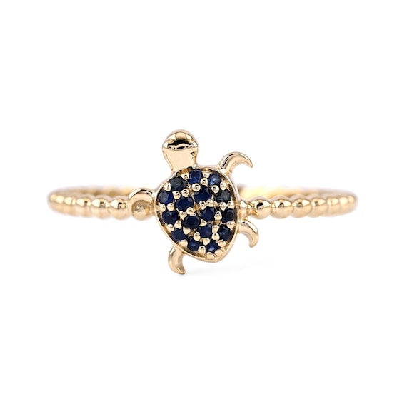Sea Turtle Ring, Natural Pave Blue Sapphire Ring, Solid 10K/14K/18