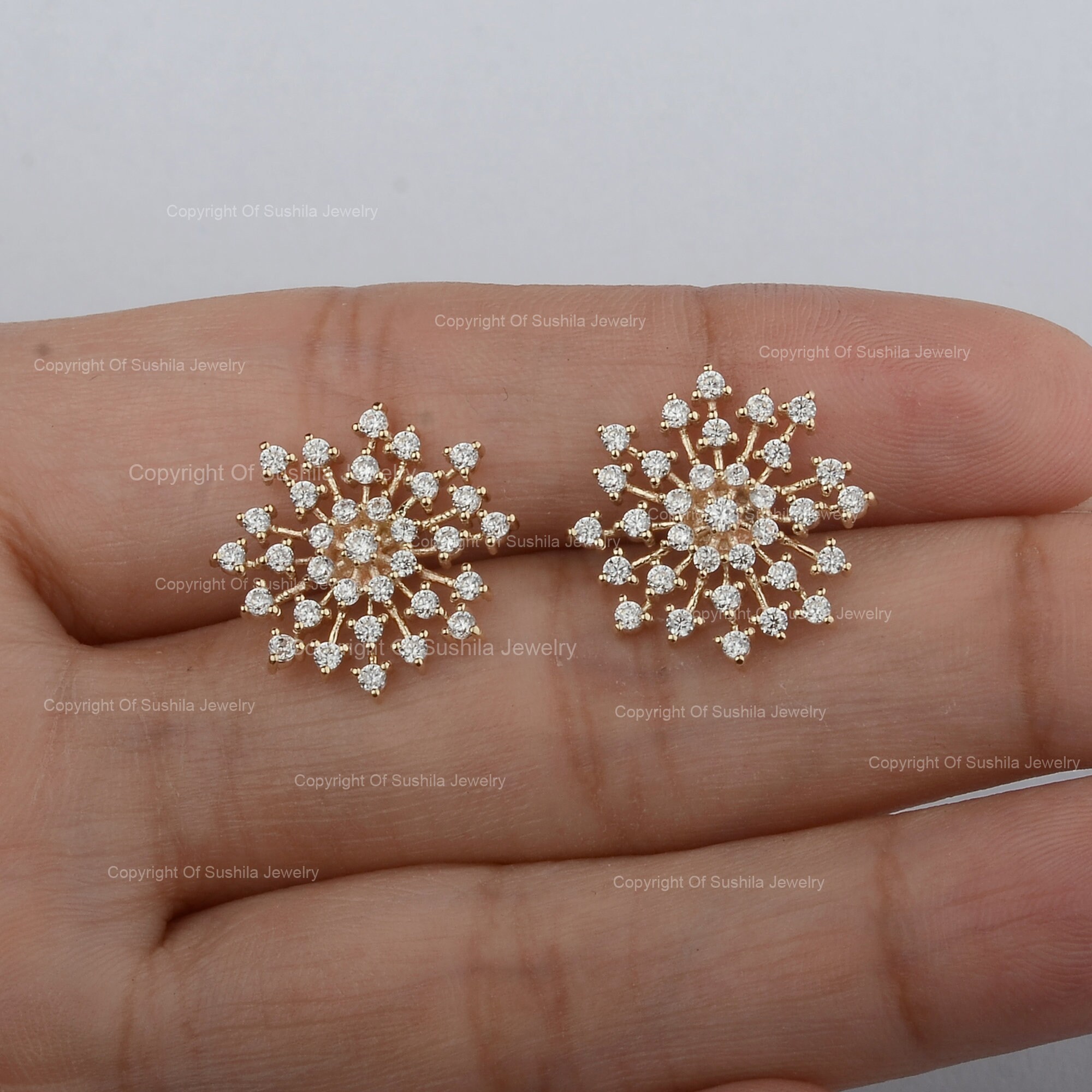 Genuine Cluster Diamond Snowflake Stud Earrings Solid 14K | Etsy