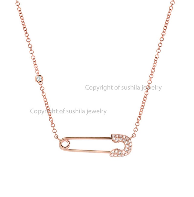 New lifstyle jewelry collection Adjustbale chain length 14K Solid Rose gold Genuine Diamond safety Pin Pendant necklace