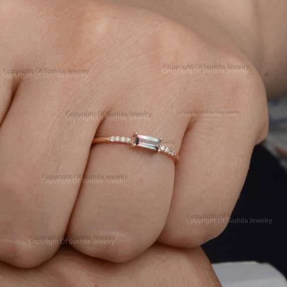 Baguette Watermelon Tourmaline Diamond Ring: 14K Rose Gold Stackable Band