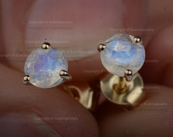 Genuine 5MM Round Rainbow Moonstone Stud Earrings Solid 14k Yellow Gold Three Prong Setting Earrings Minimalist Jewelry !! Made to Order