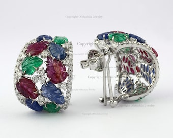 Sapphire Emerald Ruby Earrings: 18K White Gold Art Deco Fine Jewelry