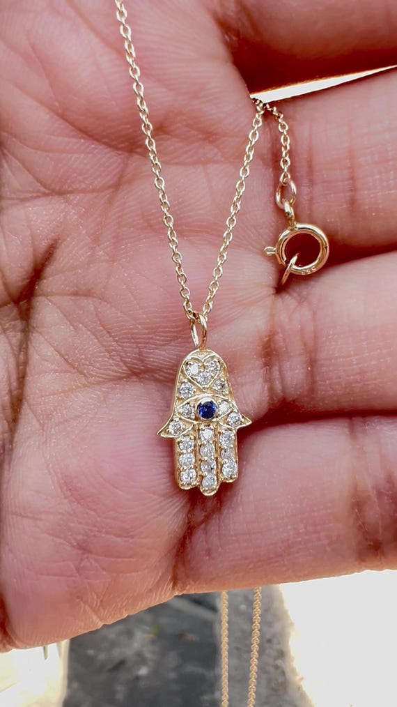 14k White Gold Diamond Hamsa Necklace: Sapphire Evil Eye Pendant