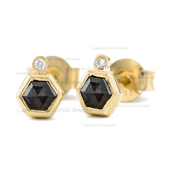 14K White Gold Hexagon Frame Solitaire Diamond Stud Earrings