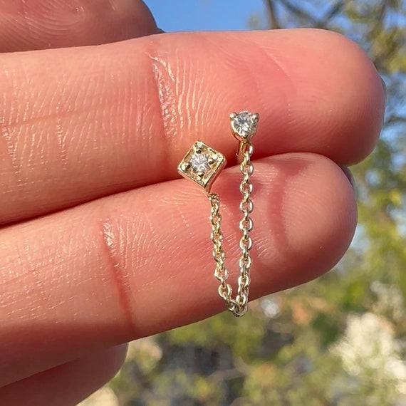 Natural Diamond Chain Cartilage Connector Earring in Handmade 14k Solid  Yellow Gold Chain Link Studs Fine Jewelry