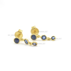 Bar Drop Chain Earrings Genuine Triple Blue Sapphire Gemstone Solid 14k Yellow Gold Handmade September Birthstone Jewelry Delicate Earrings