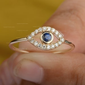 Handmade Solid Gold Blue Sapphire Evil Eye Ring, Dainty Blue Sapphire Ring, Statement Ring, Solid Gold Diamond, Devil Eye Ring