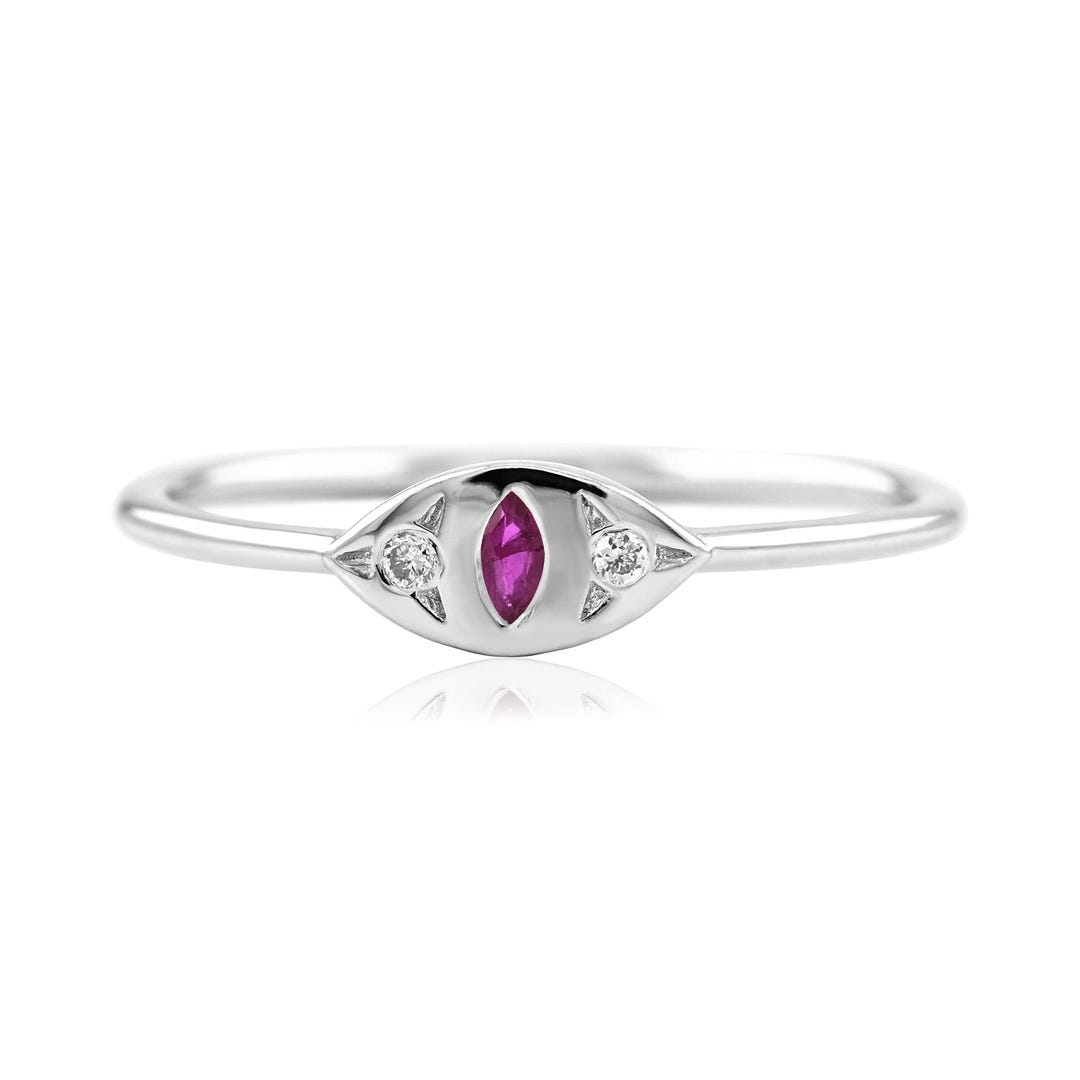 Handmade 18K Yellow Gold Evil Eye Ring: Ruby & Diamond Minimalist ...