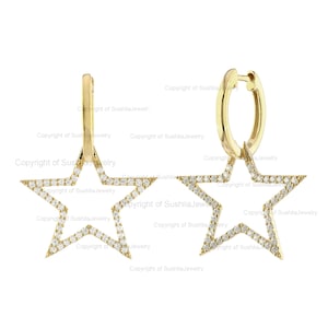 Dangling Star Charm Hoop Huggie Earrings, 14K Solid Yellow Gold Genuine SI G-H Diamond Huggie Hoop Earrings With Charms