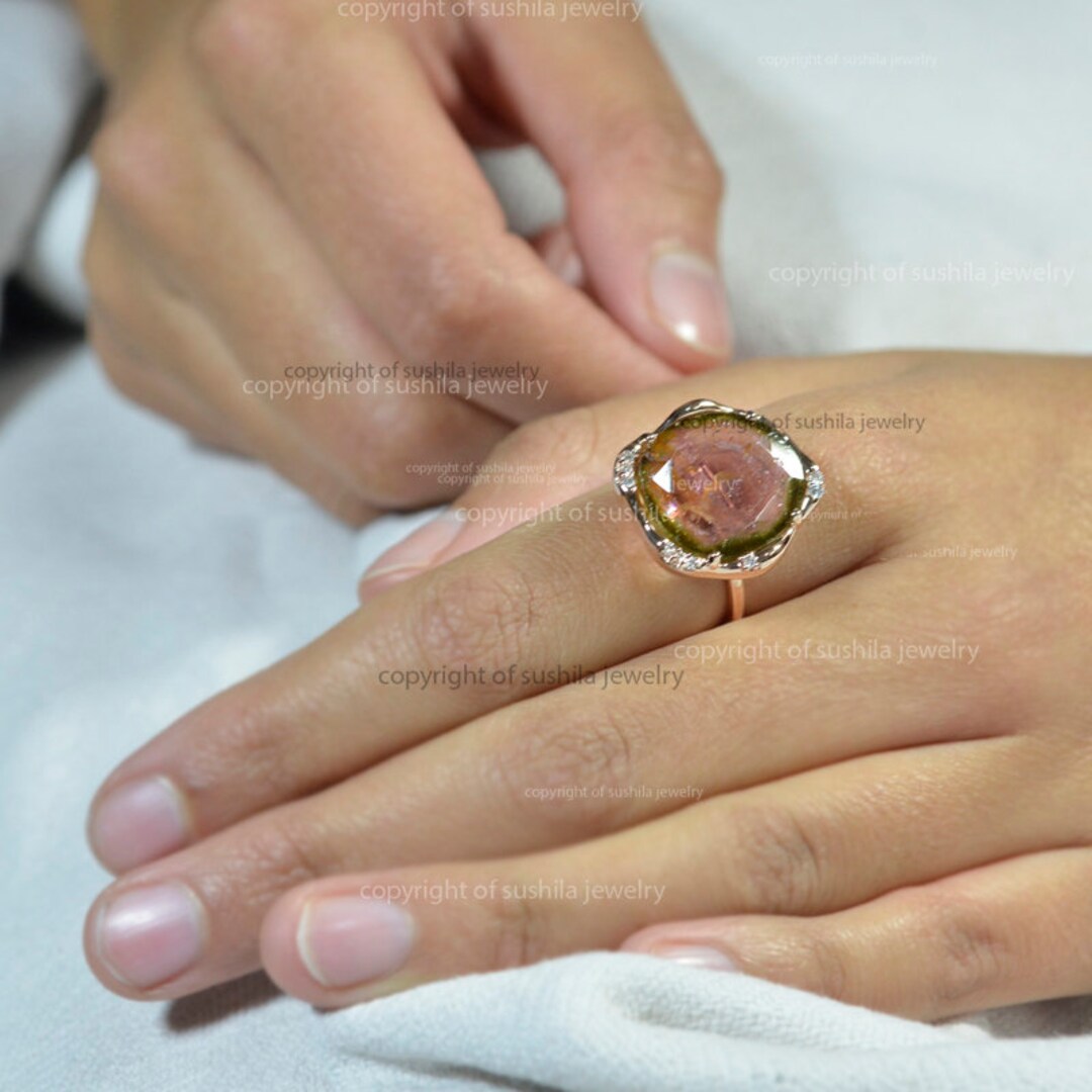 Natural Tourmaline Gemstone and Diamond Vintage Stackable Ring in Solid 14k Yellow Gold Handmade Minimalist Jewelry Gift