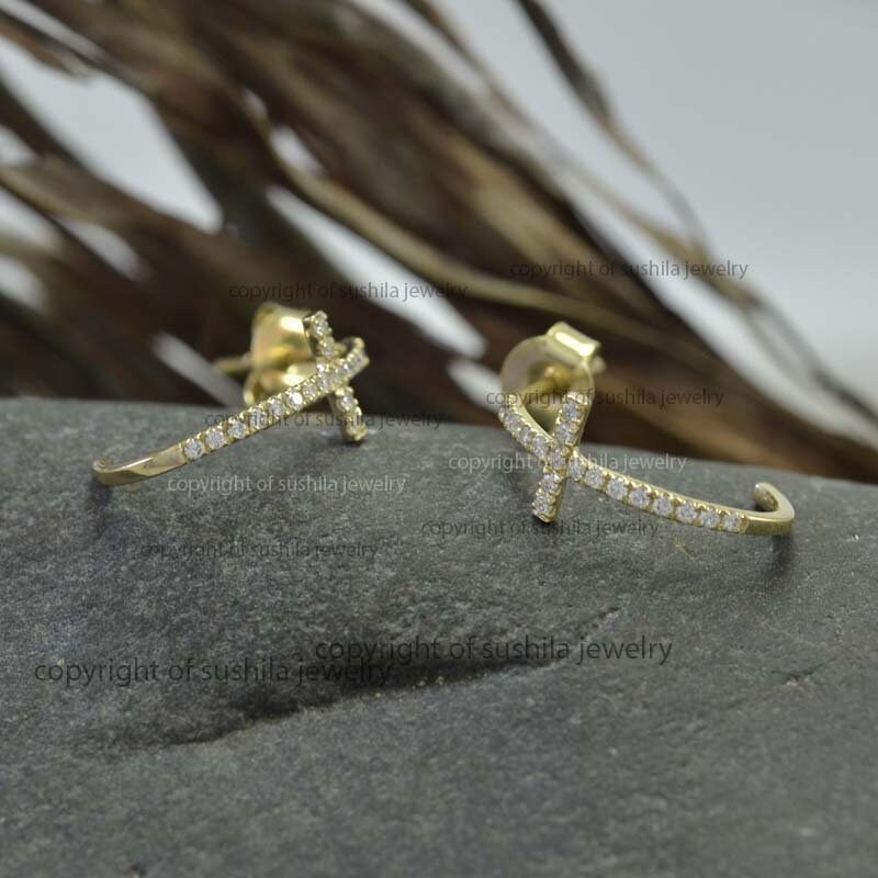 Cross Diamond Earrings 14k Solid Yellow Gold Diamond Cross Etsy
