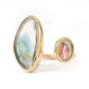 Genuine 3.5 Ct. Watermelon Tourmaline Gemstone Cuff Ring Solid 14K Yellow Gold Engagement Ring Jewelry October Birthstone Ring