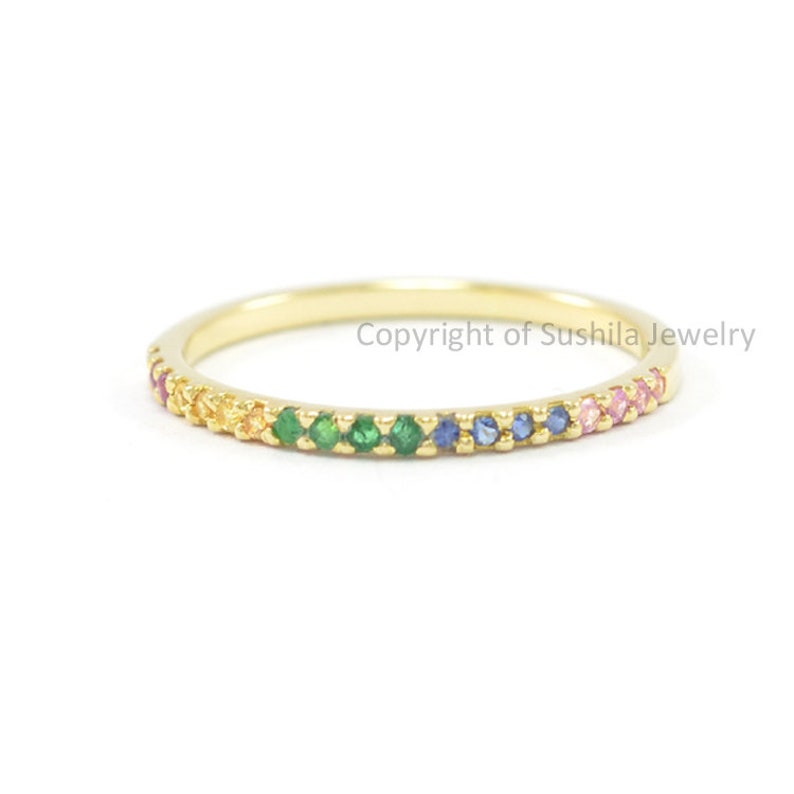 Mix Sapphire Gemstones Pave Eternity Band Ring In 14K Yellow Gold Handmade Jewelry Gift