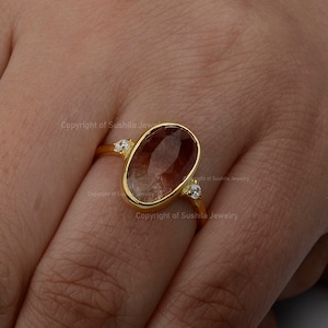 Natural Bio Watermelon Tourmaline Ring/ 14K & 18K Gold Rare Tourmaline Diamond Ring/ Three Stone Engagement Ring/ Sushila Jewelry