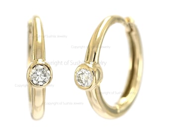 14K Solid Gold Hoops, Small Hoop Earrings, Natural Diamond Huggie Hoop Earrings, Dainty Earrings, Minimalist Jewelry, Christmas Gift