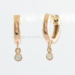 Solid 14k Yellow Gold Huggie Hoop Earrings Natural SI Clarity G H Diamond Drop Charm Huggie Hoop Earrings Women&#39;s Minimalist Fine Jewelry