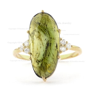 Genuine Large Oval Tourmaline Ring, Green Tourmaline Ring in 14K Gold, Tourmaline Diamond Ring, Tourmaline Engagement Ring For Women