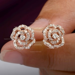 14K Solid Rose Gold Natural Diamond Pave SI Clarity G-H Color Floral Stud Earrings Handmade Minimalist Fine Jewelry Gift