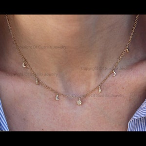 14K Gold Diamond Choker Necklace: Crescent Moon and Sun Charm