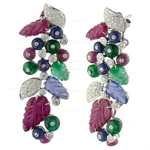 Genuine Diamonds Solid 18K White Gold Tutti Frutti earrings, Genuine Blue Sapphire Emerald Ruby Carving Leaf Earrings, Certified Art Deco