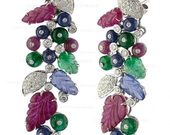Diamond 18K White Gold Tutti Frutti Earrings: Sapphire, Emerald & Ruby Art Deco