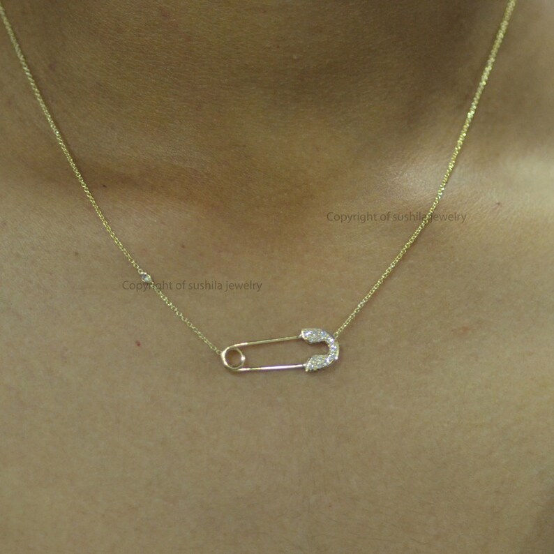 New lifstyle jewelry collection Adjustbale chain length 14K Solid Rose gold Genuine Diamond safety Pin Pendant necklace