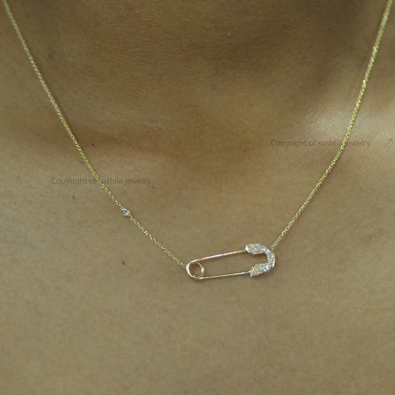 New lifstyle jewelry collection Adjustbale chain length 14K Solid Rose gold Genuine Diamond safety Pin Pendant necklace