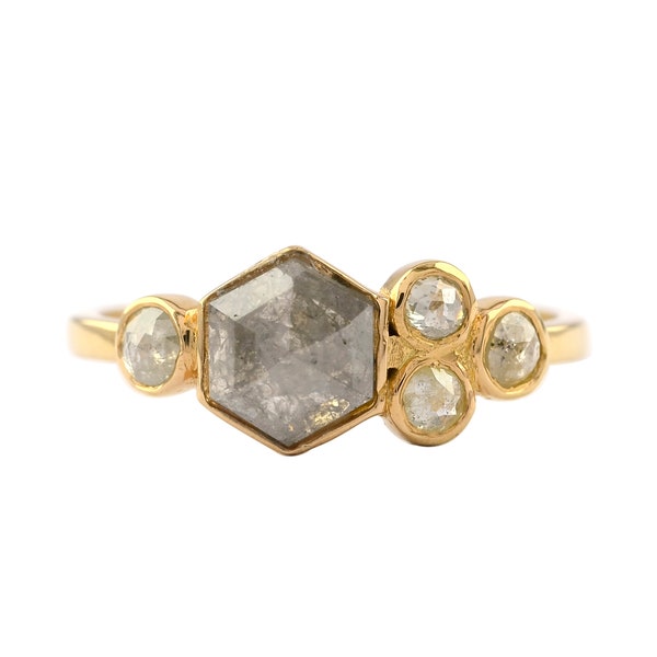 Round & Hexagon Salt and Pepper Diamond Ring, Solid 14K Yellow Gold Ring, Gray Diamond Ring, April Birthstone Ring, Geometric Diamond Ring