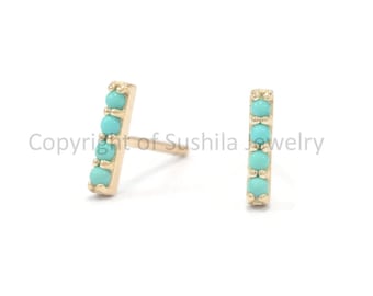 Handmade 14k Solid Yellow Gold Turquoise Bar Stud Earrings: Minimalist Jewelry