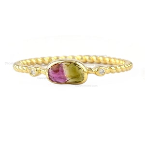 Watermelon Tourmaline Ring/ Twisted Band Ring/ Three Stone Diamond Ring/ Bi Color Gemstone Ring / 18K Solid Gold Past Present Future Ring