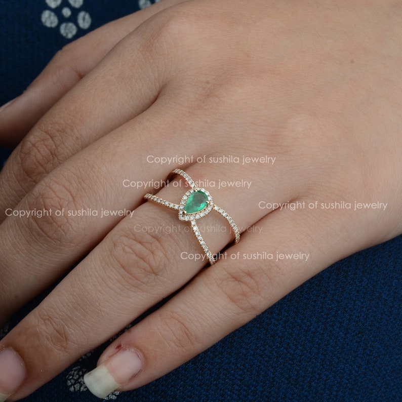 Pear Shape Natural 0.57 Ct. Zambia Emerald Gemstone Double Band Ring Solid 14K Rose Gold Genuine SI Pave Diamond Ring Handmade Fine Jewelry image 3